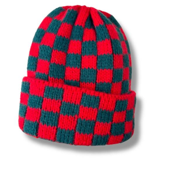Y2K Women's Multicolor Red Green Cat Crochet Plaid Grunge Emo Knitted Hat Beanie - Picture 1 of 4